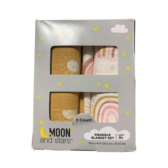 MOON & STARS 2 COUNT SWADDLE BLANKET SET‎ BABY GIRL GIFT 0 + YELLOW PINK  THROW - Picture 1 of 2
